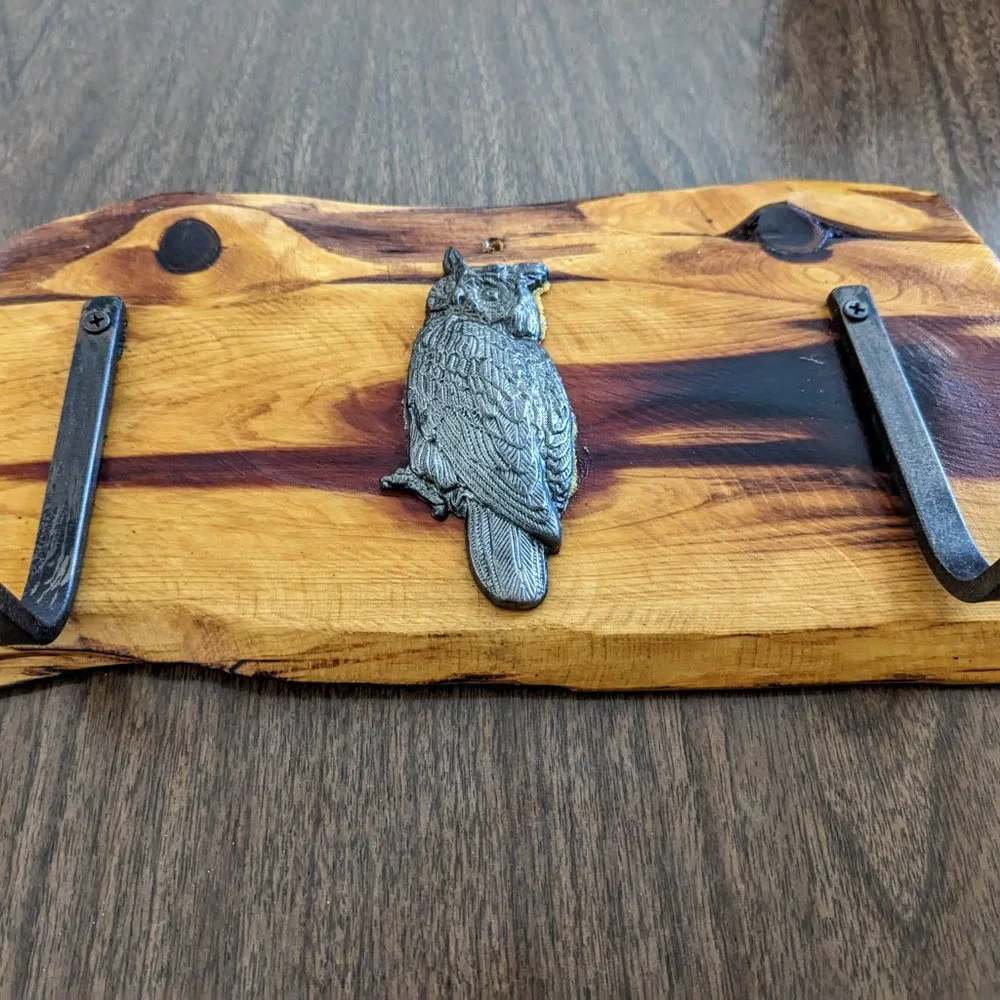 Wood wall plaque with owl and adjustable hooks for hanging items